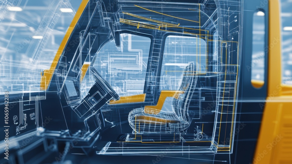 Obraz premium A 3D engineering illustration of an excavator's cabin, overlaid with blueprint details that emphasize operator controls and safety features