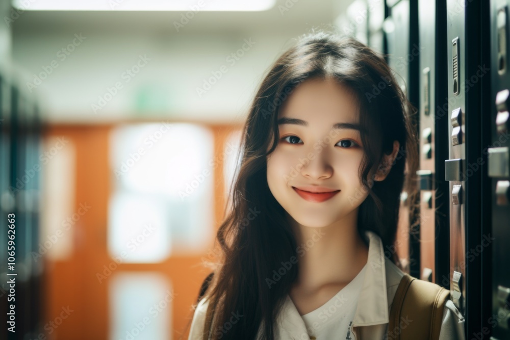 Fototapeta premium Portrait of a smiling female high school student standing in hallway