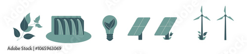Collection of vector flat art elements representing sustainable energy.