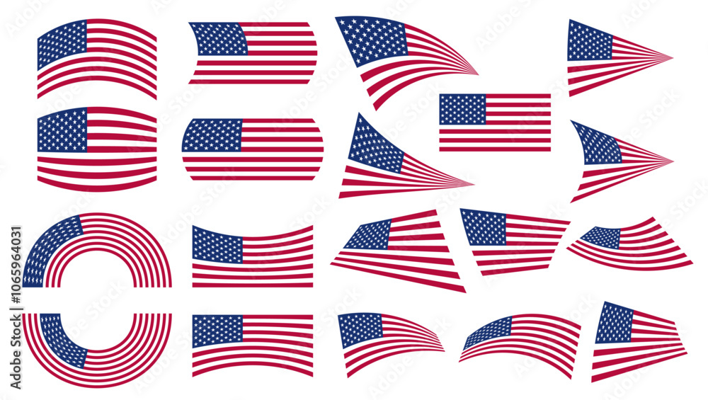 Fototapeta premium 3d american flag set vector illustration. Usa flag to use for 4th july independence day, memorial day, made in usa concept projects. 