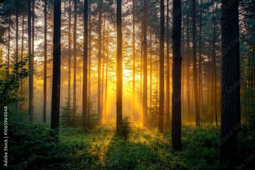 Obraz premium Breathtaking sunrise over misty forest with majestic tall trees and serene atmosphere