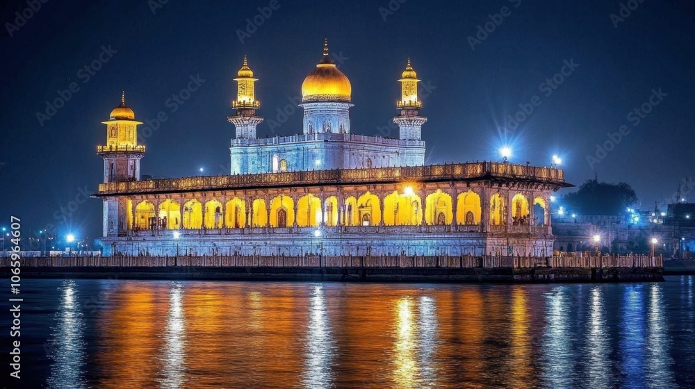 Obraz premium A captivating night view of the Haji Ali Dargah, showcasing its stunning architecture and the illuminated pathway leading to the shrine over the water