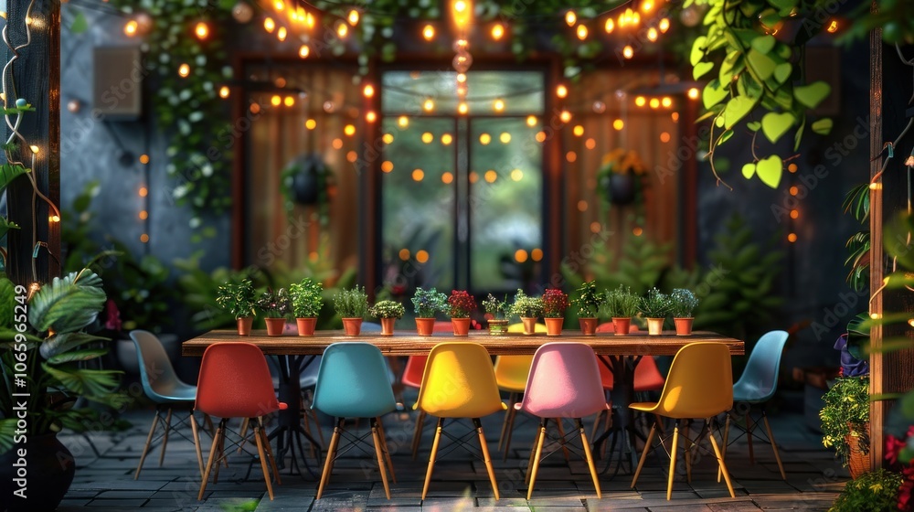 Obraz premium Cozy Outdoor Patio with Colorful Chairs and String Lights