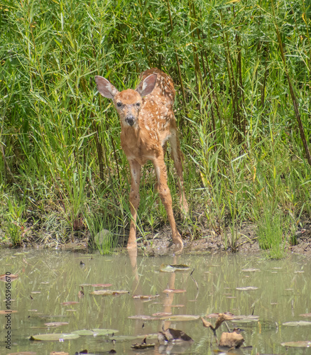 fawn by a pond