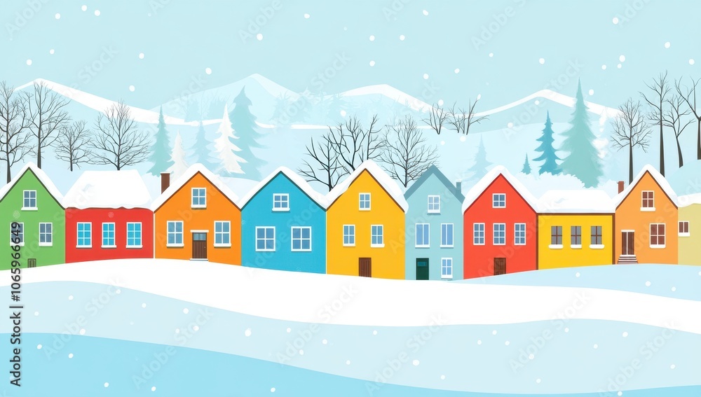 a row of colorful houses in the snow, with a flat design The background is a light blue sky with trees and hills in the distance Generative AI a row of colorful houses in the snow, with a flat design The background is a light blue sky with trees and hills in the distance Generative AI