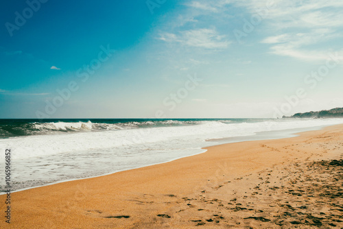 Beautiful landscape with ocean view and blue sky on the beaches of Tayrona Park. Santa Marta, Colombia. photo