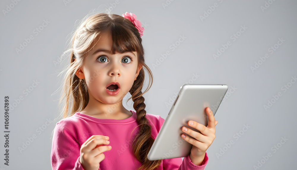 Naklejka premium Surprised girl with tablets isolated with white highlights, png