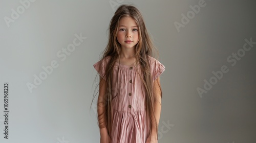 Portrait of a young girl with long brown hair, wearing a light pink dress, neutral expression, studio background, simplicity, natural look, soft light, children's fashion, minimalistic, copy space

