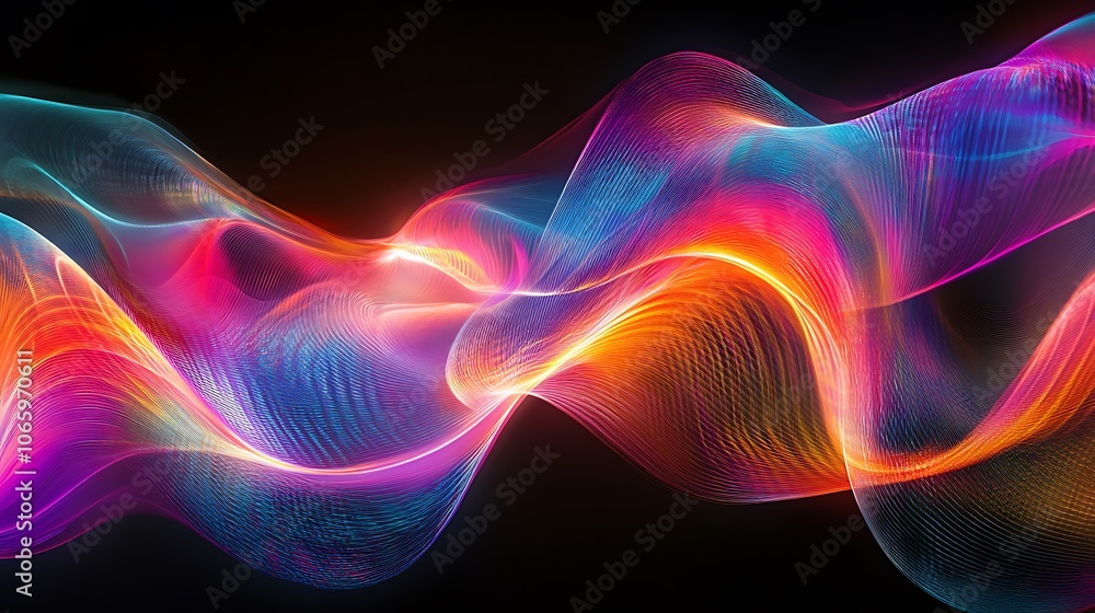 Fototapeta premium Flowing Metallic glass Waves in Neon Blue and Pink on Dark Background - Abstract Design Concept