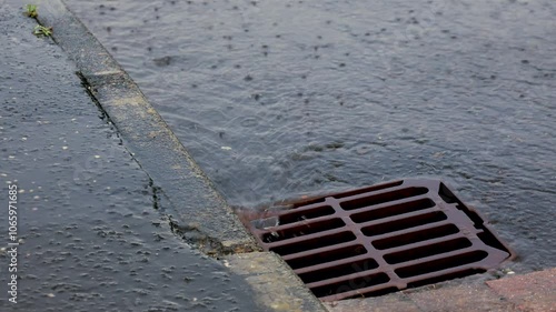 Rain water running into storm sewer drain on road during extreme weather heavy rainfall