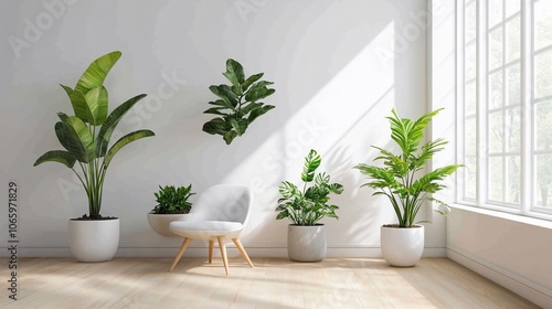 Minimalist living room interior design with white chair, potted plants, and large window. photo