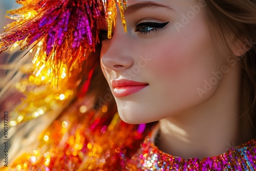 Close up of a high school cheerleader in a colorful uniform showcasing vibrant team spirit. photo