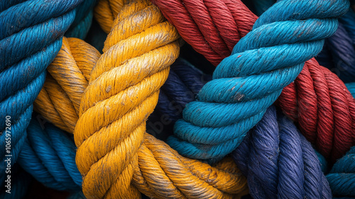 close-up of colorful, entangled ropes symbolizes complex problem-solving and creativity. The intricate knots represent challenges, while the vibrant colors convey energy and optimism in overcoming obs photo