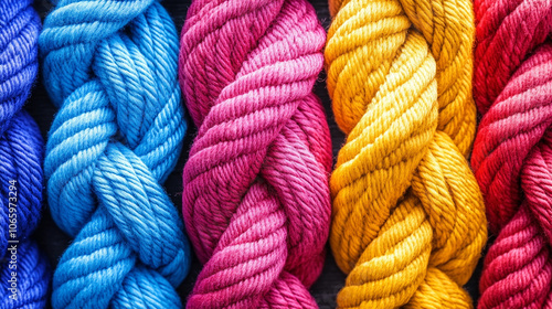 close-up of colorful, entangled ropes symbolizes complex problem-solving and creativity. The intricate knots represent challenges, while the vibrant colors convey energy and optimism in overcoming obs photo