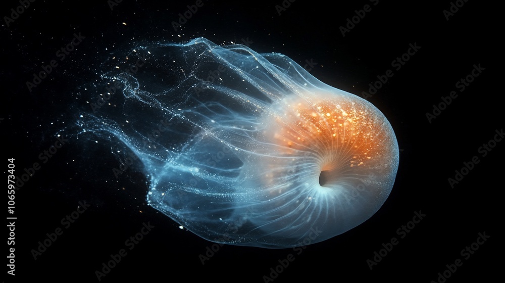 Obraz premium A translucent jellyfish with a glowing orange center, floating in a dark sea.