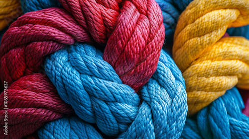 close-up of colorful, entangled ropes symbolizes complex problem-solving and creativity. The intricate knots represent challenges, while the vibrant colors convey energy and optimism in overcoming obs photo