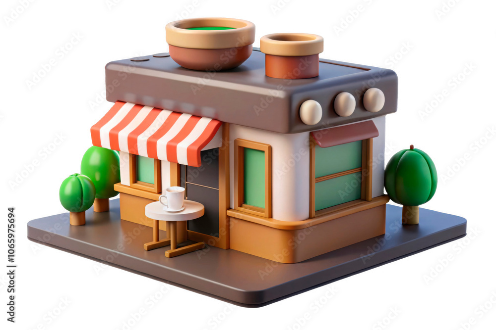 Charming miniature cafe model with striped awning and outdoor seating, ideal for projects on urban development, architecture, and small businesses Charming miniature cafe model with striped awning and outdoor seating, ideal for projects on urban development, architecture, and small businesses