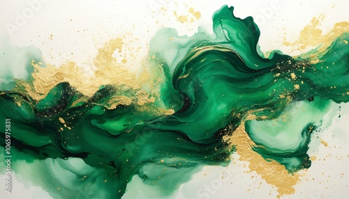 Abstract fluid art in emerald green and gold photo