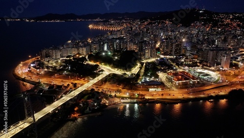 Florianopolis Skyline At Florianopolis In Santa Catarina Brazil. Illuminated City. Traffic Downtown. Cityscape Scene. Florianopolis Skyline At Florianopolis In Santa Catarina Brazil. Landmark Bridge.