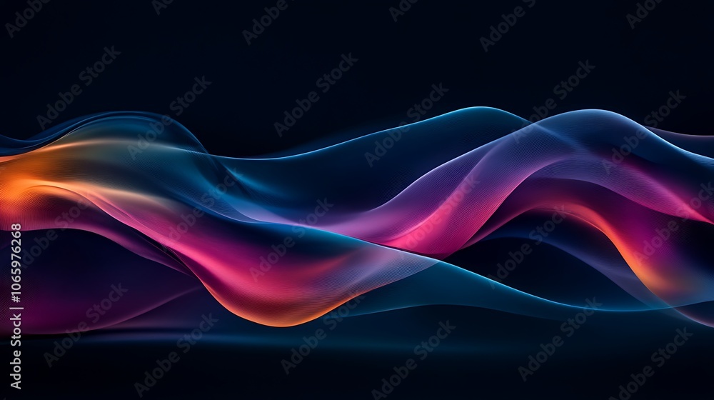 Obraz premium Flowing Metallic glass Waves in Neon Blue and Pink on Dark Background - Abstract Design Concept