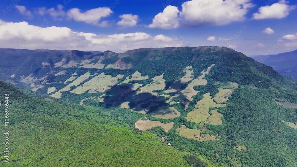 Naklejka premium Scenic Green Valley At Itati In Rio Grande Do Sul Brazil. Highway Road Landscape. Bridge Scenery. Road Trip Background. Scenic Green Valley At Itati In Rio Grande Do Sul Brazil. 