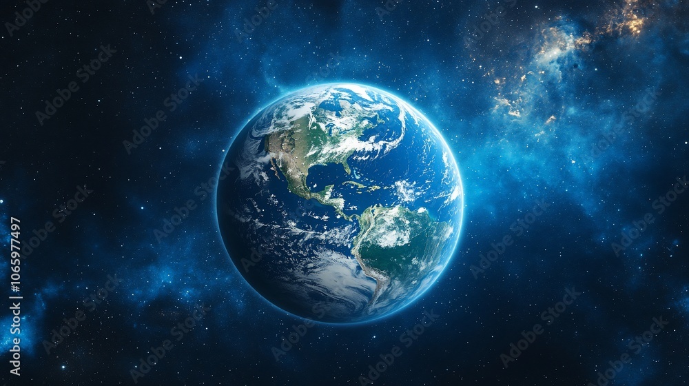 Fototapeta premium A detailed view of planet Earth, seen from space against a starry background.