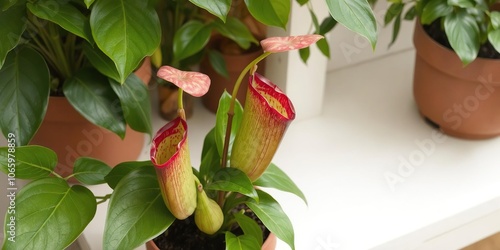 Tropical pitcher plant sitting in a flower pot, vibrant green leaves and unique pitcher-shaped traps, nature, traps photo