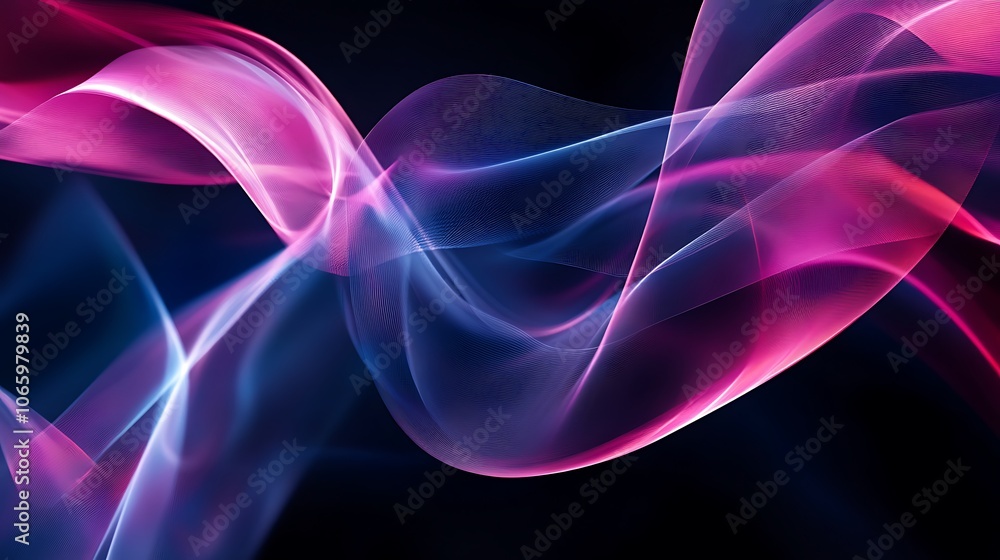 Obraz premium Flowing Metallic glass Waves in Neon Blue and Pink on Dark Background - Abstract Design Concept