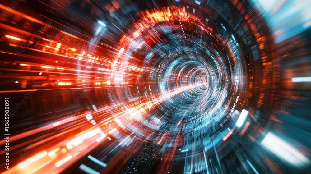 Obraz premium A dynamic, abstract representation of a futuristic tunnel with vibrant light streaks.