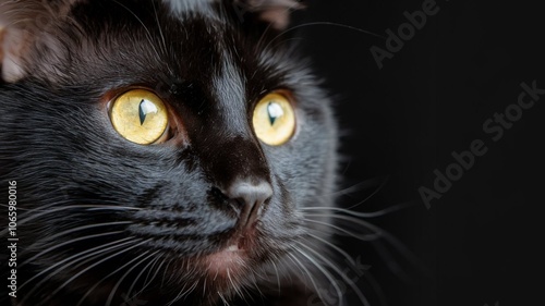 A wide eyed black shorthair cat with dilated pupils and a surprised expression