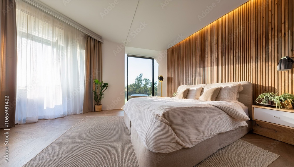 Fototapeta premium Modern bedroom with a large bed, wood paneling, and a window, light. Empty wall on the right, home decor mockup concept. 3D Rendering