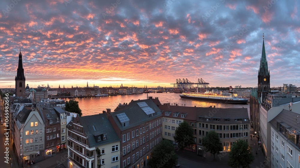 Obraz premium A large container ship is docked at the Hamburg terminal, surrounded by cargo cranes and shimmering water at sunset