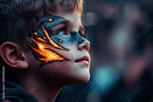 Boy with a carnival dragon face paint design photo