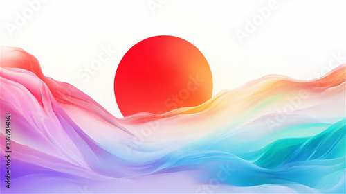 鮮やかな虹色の波と日の丸が描かれた柔らかい背景デザイン