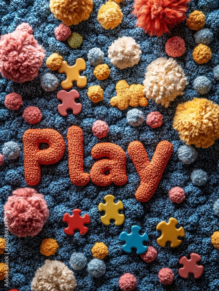 Fototapeta premium Playful Flat Lay on Blue Textile with Orange Knit 'PLAY' and Colorful Pom-Poms