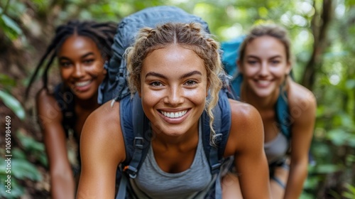 Three smiling young women with backpacks hike through a lush jungle.