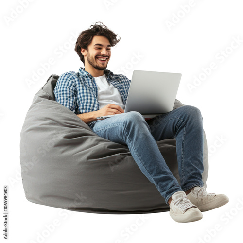 Man Smiling with Laptop on Bean Bag Chair