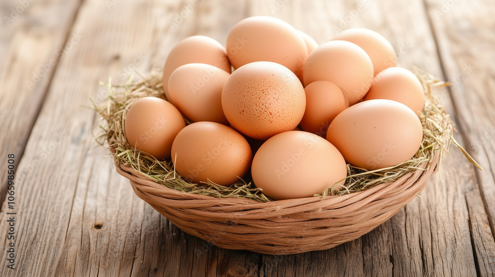 A basket filled with fresh brown eggs resting on straw, placed on a rustic wooden table. A basket filled with fresh brown eggs resting on straw, placed on a rustic wooden table.