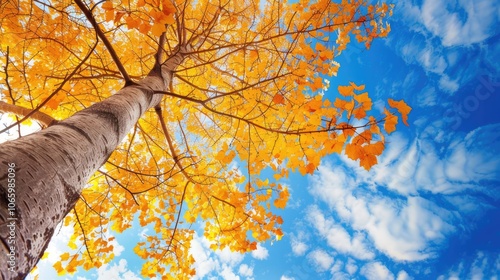 Tree in fall with yellow leaves under blue sky. photo