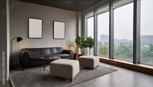 Stylish office lounge zone interior with soft place near window. Mockup wall