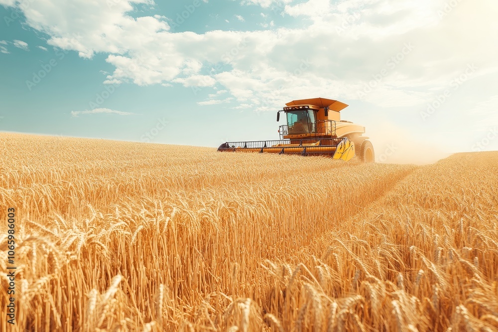Fototapeta premium Combine harvester in golden wheat field under bright sky, symbolizing agricultural productivity
