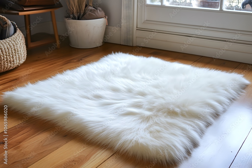 A plush wool rug on a light hardwood floor in a Scandinavian-style living room. Bright natural light with spacious copy space. A plush wool rug on a light hardwood floor in a Scandinavian-style living room. Bright natural light with spacious copy space.