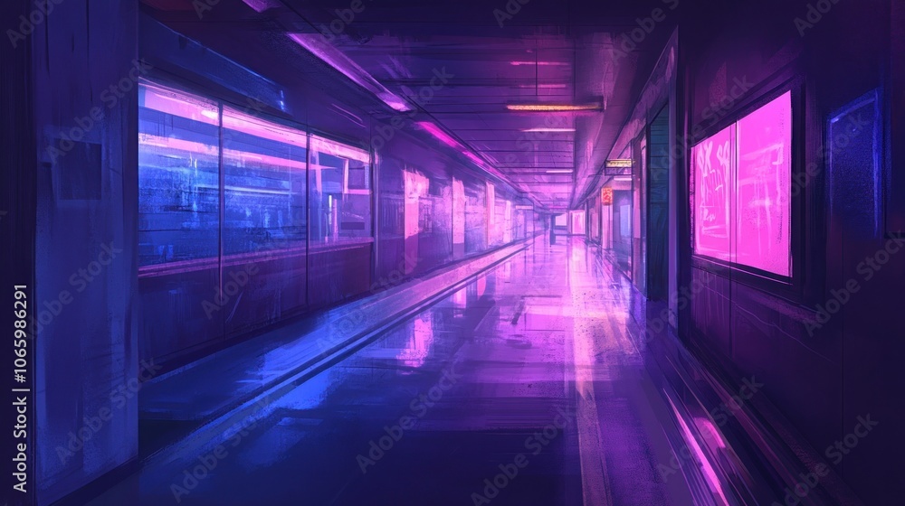 Fototapeta premium A long, empty hallway with neon lights reflecting on the wet floor, creating a vibrant, futuristic atmosphere.