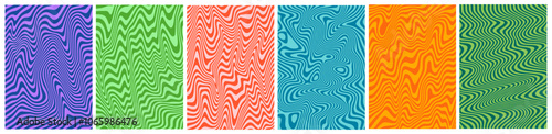 Abstract Trippy Patterns with Swirl Lines. Vector Psychedelic Groovy Backgrounds with Waves