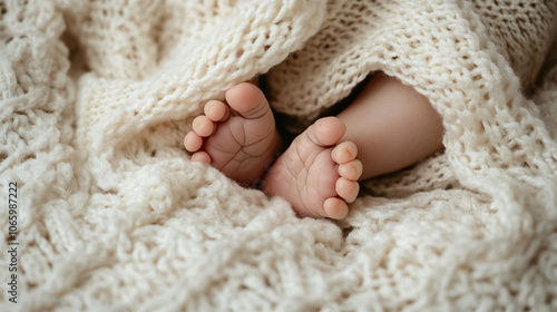 Newborn baby peacefully lying under a white knitted blanket, creating a cozy home ambiance