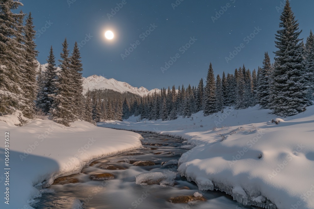 Fototapeta premium Beautiful winter landscape with a full moon and starry sky in the mountain forest at night The winter background features snow-covered pine trees and a stream flowing through a snow Generative AI