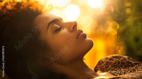 Woman Sleeping Peacefuly with Eyes Closed in Warm Sunlight photo