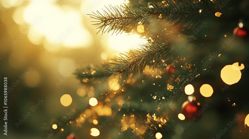 Christmas Tree Branches with Warm Lights and Ornaments Christmas Tree Branches with Warm Lights and Ornaments