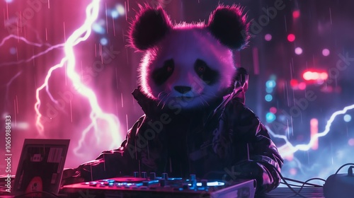 dubstep mix, little panda, stands next to the mixtape, neon light illuminates him while he stands on the stage and plays music behind him are lightnings photo