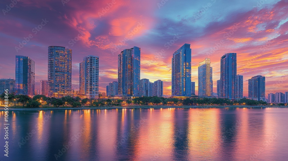 Fototapeta premium A vibrant city skyline at sunset reflecting on water, showcasing modern architecture and tranquility.